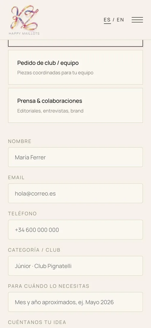 Formulario de contacto de una web de cliente en el móvil